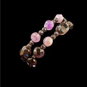 Vintage Black Faceted Beaded Glass and Amethyst Stone Coil Bracelet